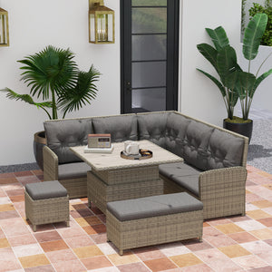 6 Pieces Outdoor PE Rattan Garden Furniture, Patio Wicker Sectional Conversation Corner Sofa w/ Soft Padded Cushion & Liftable Coffee Table, Light Grey