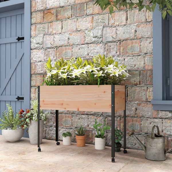 Wooden Raised Garden Bed with Wheels, Elevated Planter Box with Metal Legs, Drainage Holes and Bed Liner, for Vegetables, Flowers, Herbs