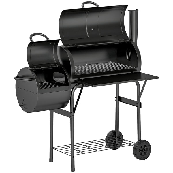 Portable Outdoor Charcoal BBQ Grill with Offset Smoker, Barbecue Grill with Spacious Cooking Area, 2 Shelves, Thermometer, Wheels for Patio Backyard Party, Black