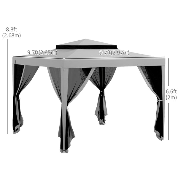 10' x 10' Canopy Tent, Party Tent with Mesh Netting and Double Tier Roof for Backyard, Garden, Patio, Outdoor, Grey