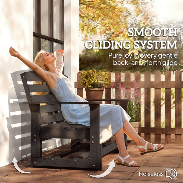 2-Person Outdoor Glider Bench Patio Double Swing Rocking Chair Loveseat w/ Slatted HDPE Frame for Backyard Garden Porch, Distressed Black