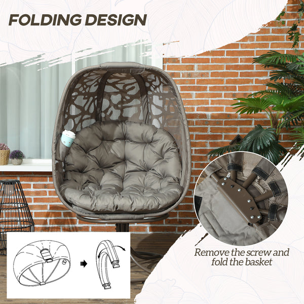 Swivel Egg Chair with Cushions, Foldable Basket Seat and Metal Frame, Indoor Outdoor Lounge Chair for Balcony, Poolside, Patio and Living Room, Sand Brown
