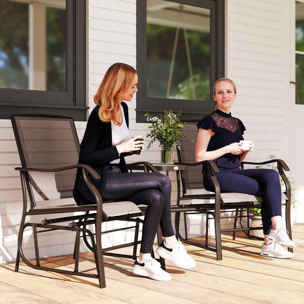 Outdoor Glider Chairs with Coffee Table, Patio 2-Seat Rocking Chair Swing Loveseat with Breathable Sling for Backyard, Garden, and Porch, Coffee Brown