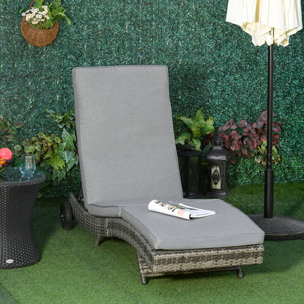Wicker Chaise Lounge, Outdoor Lounge Chair, 5-Level Adjustable Backrest S-Shape Rattan Lounger with Cushion & Wheels for Patio, Deck, Poolside, Grey