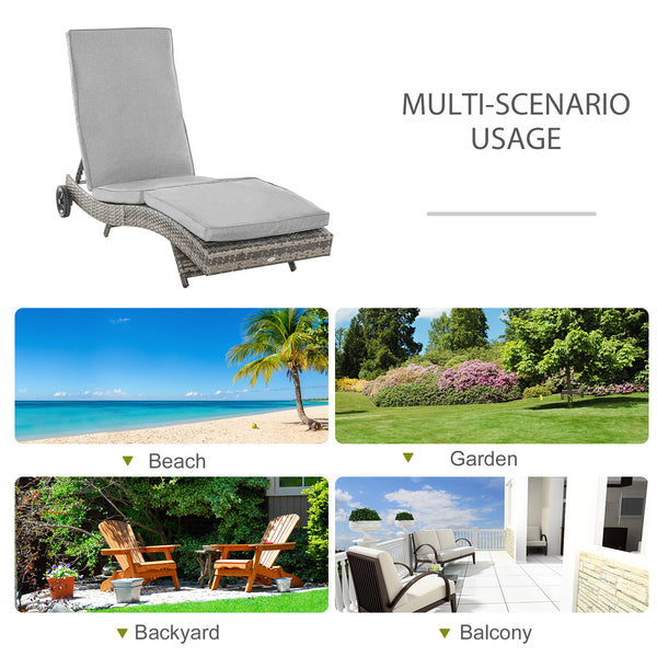 Wicker Chaise Lounge, Outdoor Lounge Chair, 5-Level Adjustable Backrest S-Shape Rattan Lounger with Cushion & Wheels for Patio, Deck, Poolside, Grey
