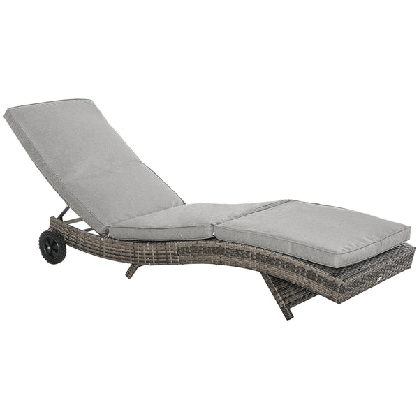 Wicker Chaise Lounge, Outdoor Lounge Chair, 5-Level Adjustable Backrest S-Shape Rattan Lounger with Cushion & Wheels for Patio, Deck, Poolside, Grey