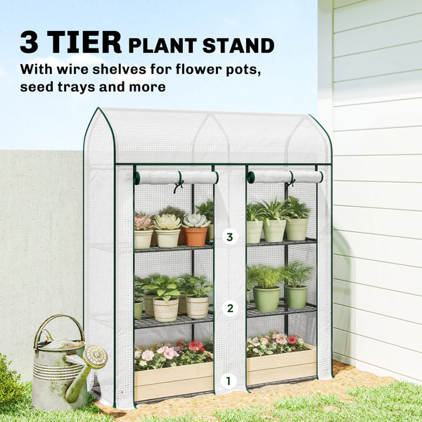 3 Tier Mini Greenhouse, 56.3" x 18.1" x 65" Small Portable Greenhouse with 2 Roll-up Doors, Garden Plant Growhouse with PE Cover for Indoor Outdoor, White