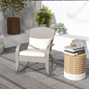 Outdoor Wicker Adirondack Rocking Chair, Patio Rattan Rocker Chair with High Back, Seat Cushion and Pillow for Garden, Porch, Balcony, Cream White