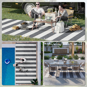 Reversible Outdoor RV Rug, 9' x 18' Patio Floor Mat with Carry Bag, Outdoor Carpet for Backyard, Deck, Picnic, Beach, Camping, Striped, Grey and White