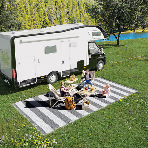 Reversible Outdoor RV Rug, 9' x 18' Patio Floor Mat with Carry Bag, Outdoor Carpet for Backyard, Deck, Picnic, Beach, Camping, Striped, Grey and White