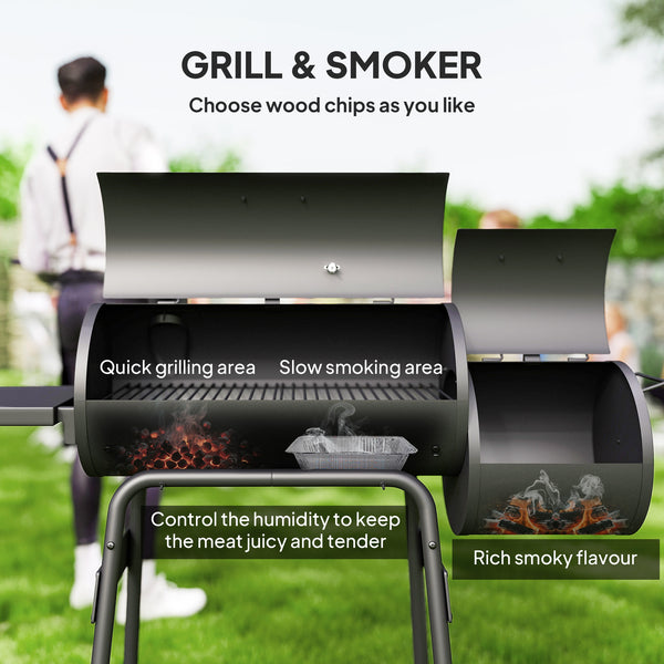Charcoal Grill with Offset Smoker, 231 Sq.In. Cooking Area, Barrel BBQ Grill and Smoker Combo with Side Tables, Shelf, Thermometer, Wheels for Outdoor Patio Backyard Party Event Gathering