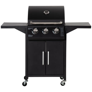 3 Burner Gas Grill, Outdoor Portable Propane Grill with Wheels, Carbon Steel Barbecue Trolley with Warming Rack, Side Shelves, Storage Cabinet, Thermometer, Black