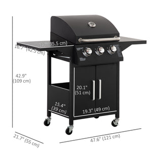 3 Burner Gas Grill, Outdoor Portable Propane Grill with Wheels, Carbon Steel Barbecue Trolley with Warming Rack, Side Shelves, Storage Cabinet, Thermometer, Black
