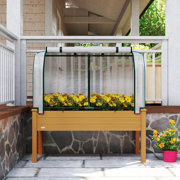 Raised Garden Bed with PE Greenhouse Cover Outdoor Elevated Wood Planter Box for Herbs and Vegetables, Use for Patio, Backyard, Balcony, 48 x 22 x 46 inch, Sand