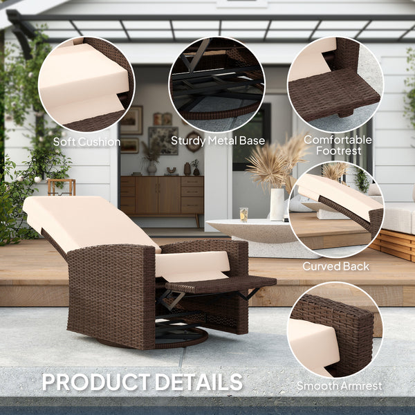 PE Rattan Outdoor Swivel Chair with 360° Swivel, Wicker Patio Chair with Footrest, Soft Cushion and Armrest for Patio, Garden, Backyard, Cream White