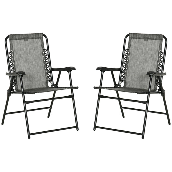 Outsunny Set of 2 Patio Folding Chairs, Outdoor Bungee Sling Chairs w/ Armrests, Portable Lawn Chairs for Camping, Garden, Pool, Beach, Backyard, Gray