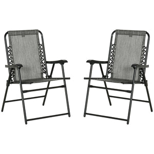 Outsunny Set of 2 Patio Folding Chairs, Outdoor Bungee Sling Chairs w/ Armrests, Portable Lawn Chairs for Camping, Garden, Pool, Beach, Backyard, Gray
