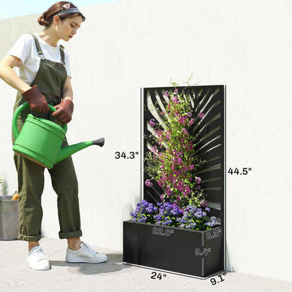 Metal Raised Garden Bed with Trellis for Climbing Plants, Freestanding or Wall Mounted Flower Bed with Privacy Panel, Large Leaf Cut-Out Outdoor Planter Box for Garden, Patio, Balcony