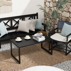 Aluminum Outdoor Coffee Table, 35" Patio Coffee Table with Slatted Tabletop and Adjustable Foot Pads for Garden, Lawn, Balcony, Black