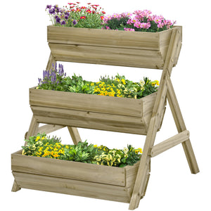3 Tier 66L Raised Garden Bed Wooden Elevated Planter Box Kit for Flower, Vegetable, Herb, 65 x 75 x 76cm, Green