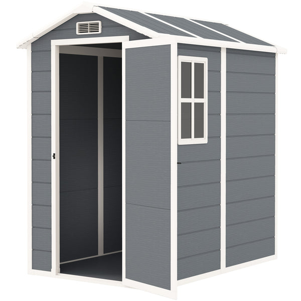4 x 6ft Garden Shed, Plastic Shed with Floor, Window, Lockable Door and Vents, Resin Tool Shed for Outdoor Patio Storage, Zero Maintenance, Grey