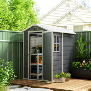 4 x 6ft Garden Shed, Plastic Shed with Floor, Window, Lockable Door and Vents, Resin Tool Shed for Outdoor Patio Storage, Zero Maintenance, Grey