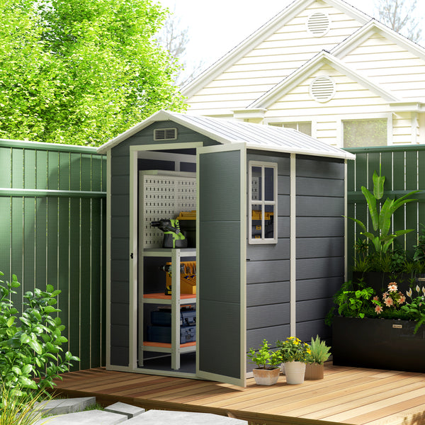 4 x 6ft Garden Shed, Plastic Shed with Floor, Window, Lockable Door and Vents, Resin Tool Shed for Outdoor Patio Storage, Zero Maintenance, Grey