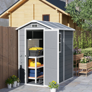 4 x 6ft Garden Shed, Plastic Shed with Floor, Window, Lockable Door and Vents, Resin Tool Shed for Outdoor Patio Storage, Zero Maintenance, Grey