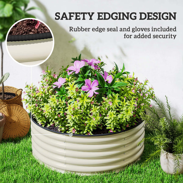 Galvanised Raised Garden Bed with Safety Edging, Outdoor Raised Planter Box with Gloves and Open Bottom, Metal Raised Bed for Flowers, Vegetables and Herbs, 120 x 120 x 43cm, Cream White