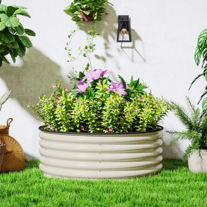 Galvanised Raised Garden Bed with Safety Edging, Outdoor Raised Planter Box with Gloves and Open Bottom, Metal Raised Bed for Flowers, Vegetables and Herbs, 120 x 120 x 43cm, Cream White