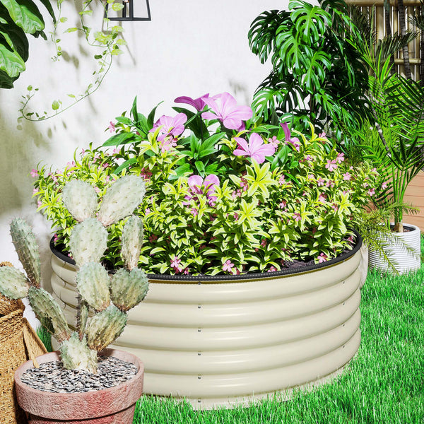 Galvanised Raised Garden Bed with Safety Edging, Outdoor Raised Planter Box with Gloves and Open Bottom, Metal Raised Bed for Flowers, Vegetables and Herbs, 120 x 120 x 43cm, Cream White