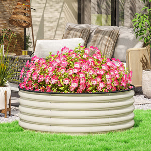 Galvanised Raised Garden Bed with Safety Edging, Outdoor Raised Planter Box with Gloves and Open Bottom, Metal Raised Bed for Flowers, Vegetables and Herbs, 120 x 120 x 43cm, Cream White