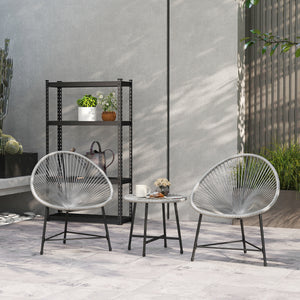 3 Pieces Rattan Bistro Set, Garden Bistro Set with Acapulco Chairs and Glass Top Table, Small Garden Furniture Set with Reinforced Metal Frame for Outdoor, Patio, Balcony, Grey
