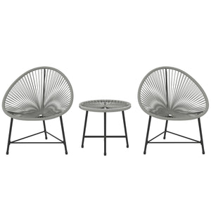3 Pieces Rattan Bistro Set, Garden Bistro Set with Acapulco Chairs and Glass Top Table, Small Garden Furniture Set with Reinforced Metal Frame for Outdoor, Patio, Balcony, Grey