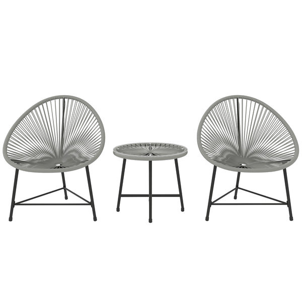 3 Pieces Rattan Bistro Set, Garden Bistro Set with Acapulco Chairs and Glass Top Table, Small Garden Furniture Set with Reinforced Metal Frame for Outdoor, Patio, Balcony, Grey