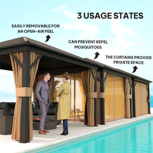 3 x 3.6m Outdoor Hardtop Gazebo Metal Roof Patio Gazebo with Aluminium Frame, Mesh Nettings, Curtains, & Roomy Interior Space, Brown