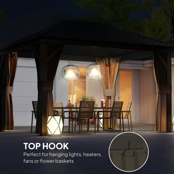 3 x 3.6m Outdoor Hardtop Gazebo Metal Roof Patio Gazebo with Aluminium Frame, Mesh Nettings, Curtains, & Roomy Interior Space, Brown