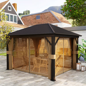 3 x 3.6m Outdoor Hardtop Gazebo Metal Roof Patio Gazebo with Aluminium Frame, Mesh Nettings, Curtains, & Roomy Interior Space, Brown