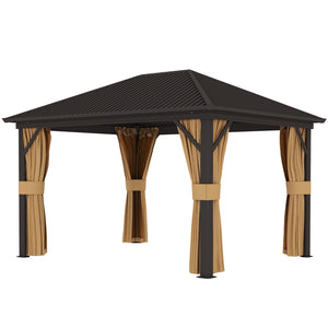 10' x 12' Hardtop Gazebo Canopy with Galvanized Steel Roof, Aluminum Frame, Permanent Pavilion Outdoor Gazebo with Netting, Curtains, Top Hook, Brown