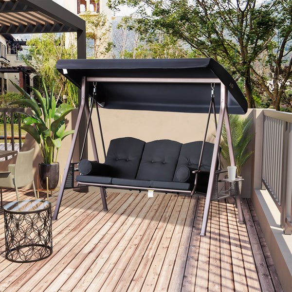 3 Seater Porch Swing Heavy Duty Outdoor Swing Chair Outdoor Lounge Hammock Cushioned Seat w/ Tilt Canopy, Black