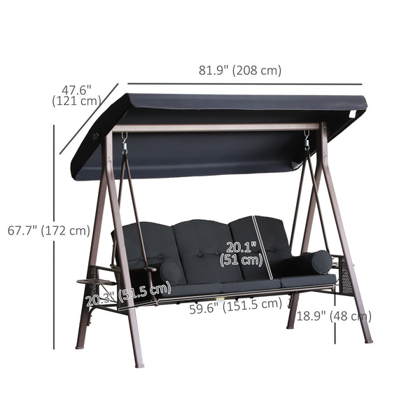 3 Seater Porch Swing Heavy Duty Outdoor Swing Chair Outdoor Lounge Hammock Cushioned Seat w/ Tilt Canopy, Black