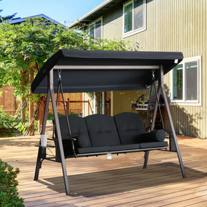 3 Seater Porch Swing Heavy Duty Outdoor Swing Chair Outdoor Lounge Hammock Cushioned Seat w/ Tilt Canopy, Black
