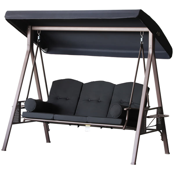 3 Seater Porch Swing Heavy Duty Outdoor Swing Chair Outdoor Lounge Hammock Cushioned Seat w/ Tilt Canopy, Black