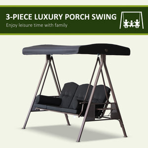 3 Seater Porch Swing Heavy Duty Outdoor Swing Chair Outdoor Lounge Hammock Cushioned Seat w/ Tilt Canopy, Black