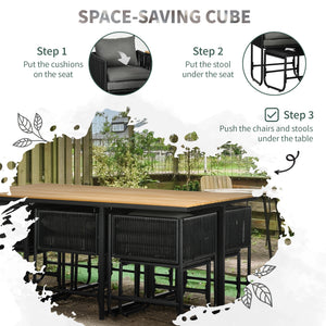 10 Seater Rattan Cube Garden Furniture Set, Rattan Dining Set with Cushions, Outdoor Dining Table and Chairs with 6 Armchairs, 4 Stools, Rectangular Wood Grain Plastic Top Table, Black