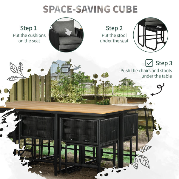 10 Seater Rattan Cube Garden Furniture Set, Rattan Dining Set with Cushions, Outdoor Dining Table and Chairs with 6 Armchairs, 4 Stools, Rectangular Wood Grain Plastic Top Table, Black