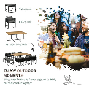 10 Seater Rattan Cube Garden Furniture Set, Rattan Dining Set with Cushions, Outdoor Dining Table and Chairs with 6 Armchairs, 4 Stools, Rectangular Wood Grain Plastic Top Table, Black