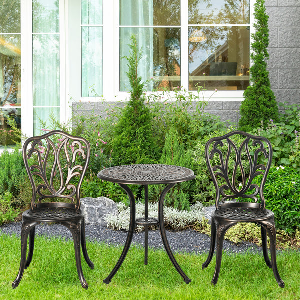 3 Piece Garden Bistro Set, Cast Aluminium Outdoor Furniture Set with Umbrella Hole for Balcony, Porch, Patio, Bronze Tone