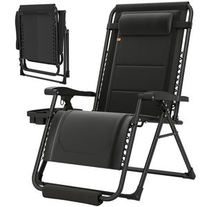 Zero Gravity Lounger Chair, Padded Folding Reclining Patio Chair with Cup Holder, Detachable Headrest, Extra Wide Seat, 400 LBS Capacity for Pool, Camping, Black