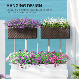 2 Pack Railing Planter Box, 20 Inch Hanging Flower Pots with Hooks and Drainage Hole, Rectangular Planters for Fence, Balcony, Garden, Patio, Rattan Look, Brown